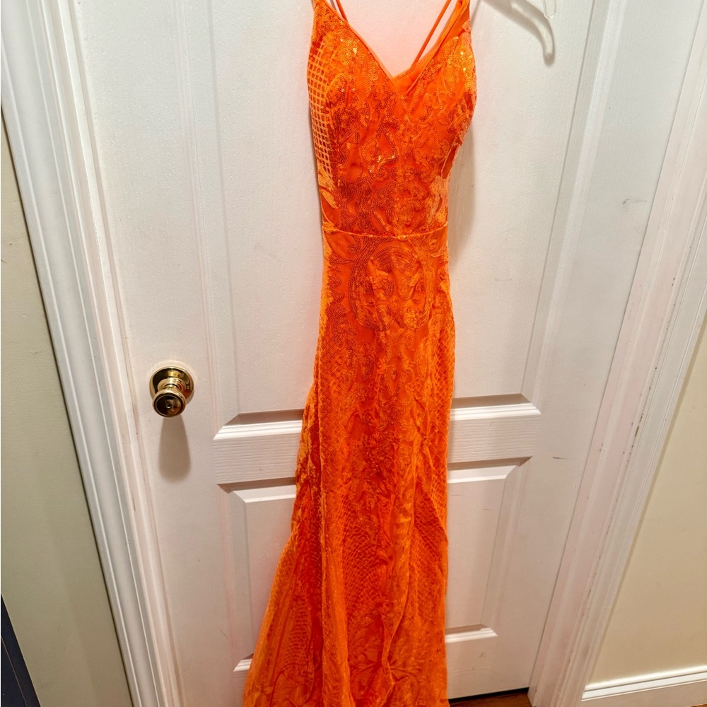 Vibrant Orange Lace Prom Gown